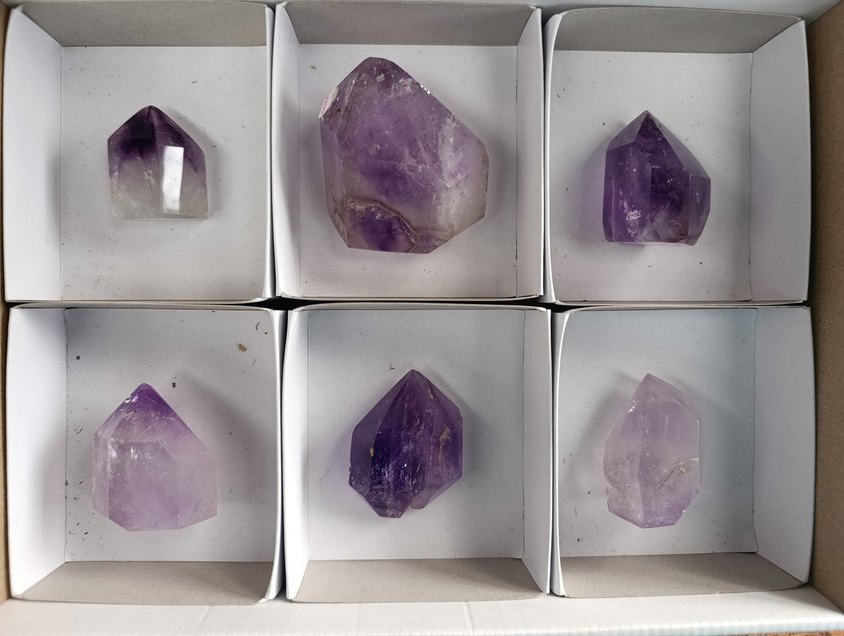 Polished Window Amethyst Quartz Points with an Enhydro Bubble x 6 From Akansobe, Madagascar - Toprock Gemstones and Minerals 