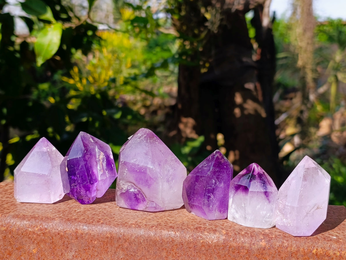 Polished Window Amethyst Quartz Points with an Enhydro Bubble x 6 From Akansobe, Madagascar - Toprock Gemstones and Minerals 