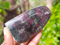 Polished Fluorescent Ruby Corundum In Chrome Verdite Standing Free Forms x 3 From Zimbabwe - Toprock Gemstones and Minerals 