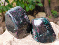 Polished Fluorescent Ruby Corundum In Chrome Verdite Standing Free Forms x 3 From Zimbabwe - Toprock Gemstones and Minerals 