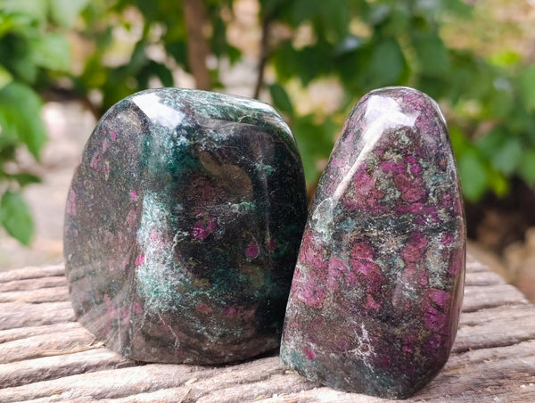 Polished Fluorescent Ruby Corundum In Chrome Verdite Standing Free Forms x 3 From Zimbabwe - Toprock Gemstones and Minerals 