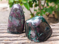 Polished Fluorescent Ruby Corundum In Chrome Verdite Standing Free Forms x 3 From Zimbabwe - Toprock Gemstones and Minerals 