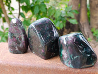 Polished Fluorescent Ruby Corundum In Chrome Verdite Standing Free Forms x 3 From Zimbabwe - Toprock Gemstones and Minerals 