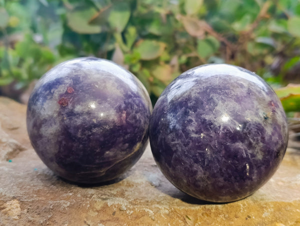 Polished Lepidolite with Pink Rubellite Spheres x 2 From Ambatondrazaka, Madagascar - Toprock Gemstones and Minerals 