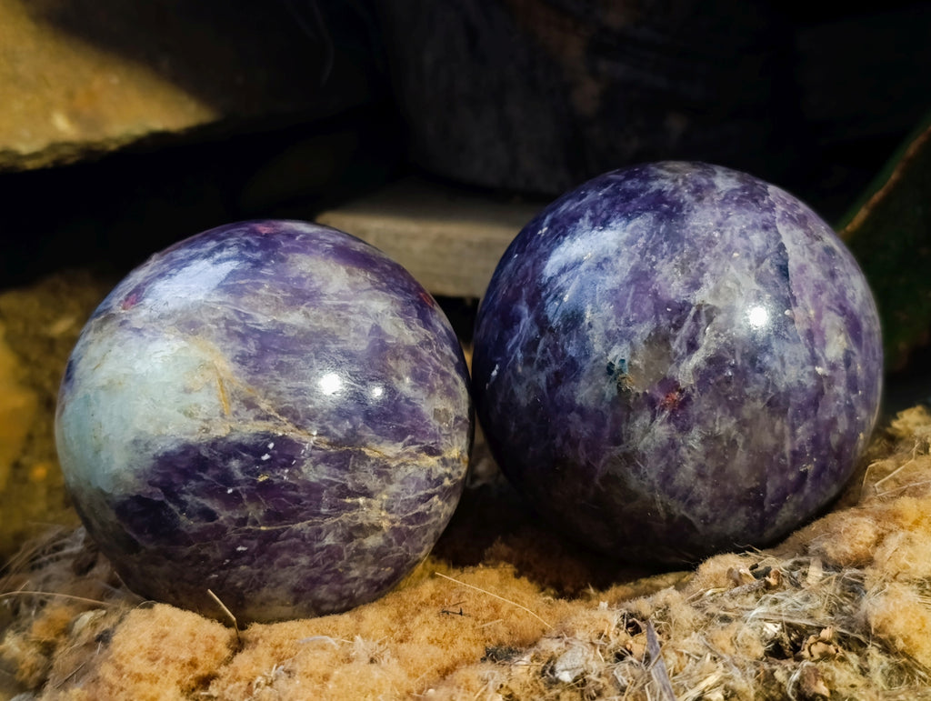 Polished Lepidolite with Pink Rubellite Spheres x 2 From Ambatondrazaka, Madagascar - Toprock Gemstones and Minerals 
