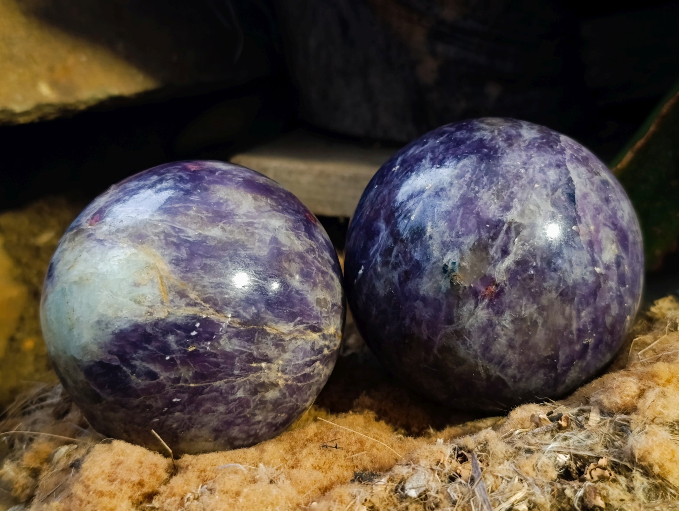 Polished Lepidolite with Pink Rubellite Spheres x 2 From Ambatondrazaka, Madagascar - Toprock Gemstones and Minerals 
