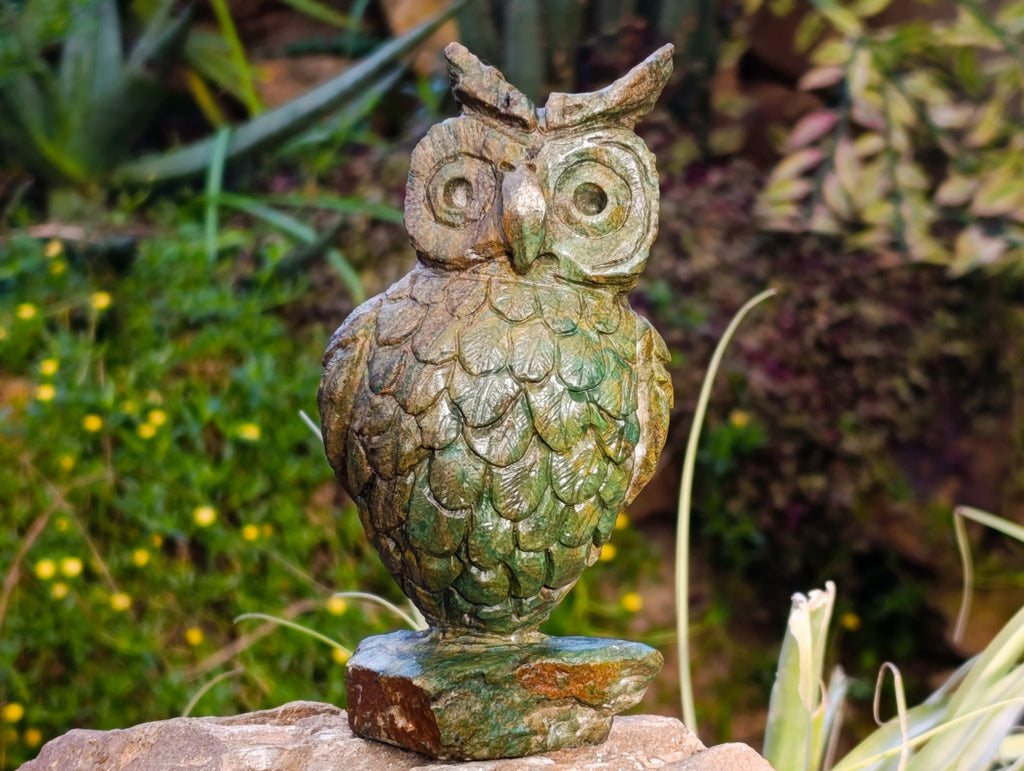 Polished Fluorescent Verdite Night Owls x 2 From Zimbabwe - Toprock Gemstones and Minerals 