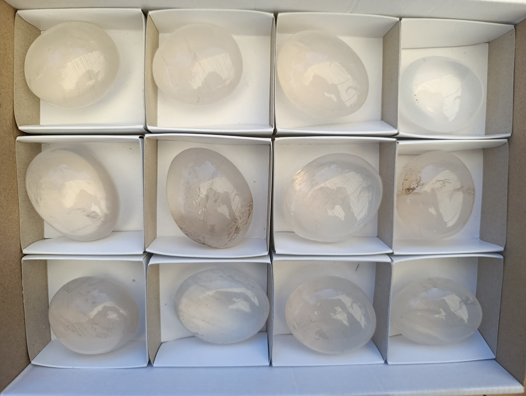 Polished Pearl Girasol Quartz Crystal Palm Stones x 12 From Ambatondrazaka, Madagascar - Toprock Gemstones and Minerals 