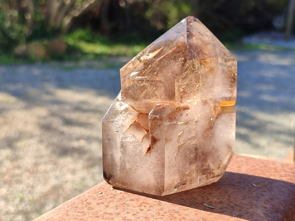 Polished Rainbow Veil Limonite Quartz and Stepped Smokey Window Quartz Crystals x 2 From Madagascar - Toprock Gemstones and Minerals 