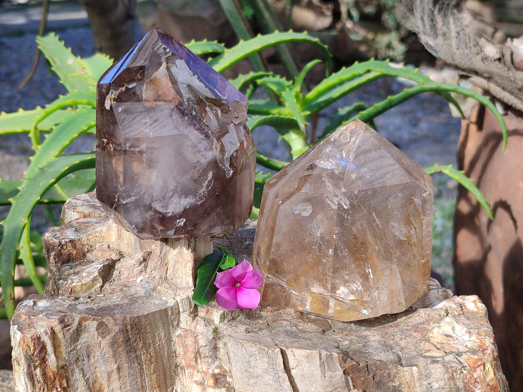 Polished Rainbow Veil Limonite Quartz and Stepped Smokey Window Quartz Crystals x 2 From Madagascar - Toprock Gemstones and Minerals 