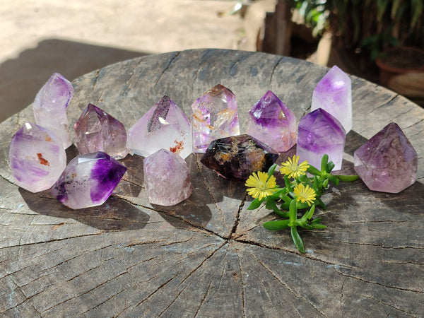 Polished Smokey Window Amethyst Quartz Points x 12 From Akansobe, Madagascar