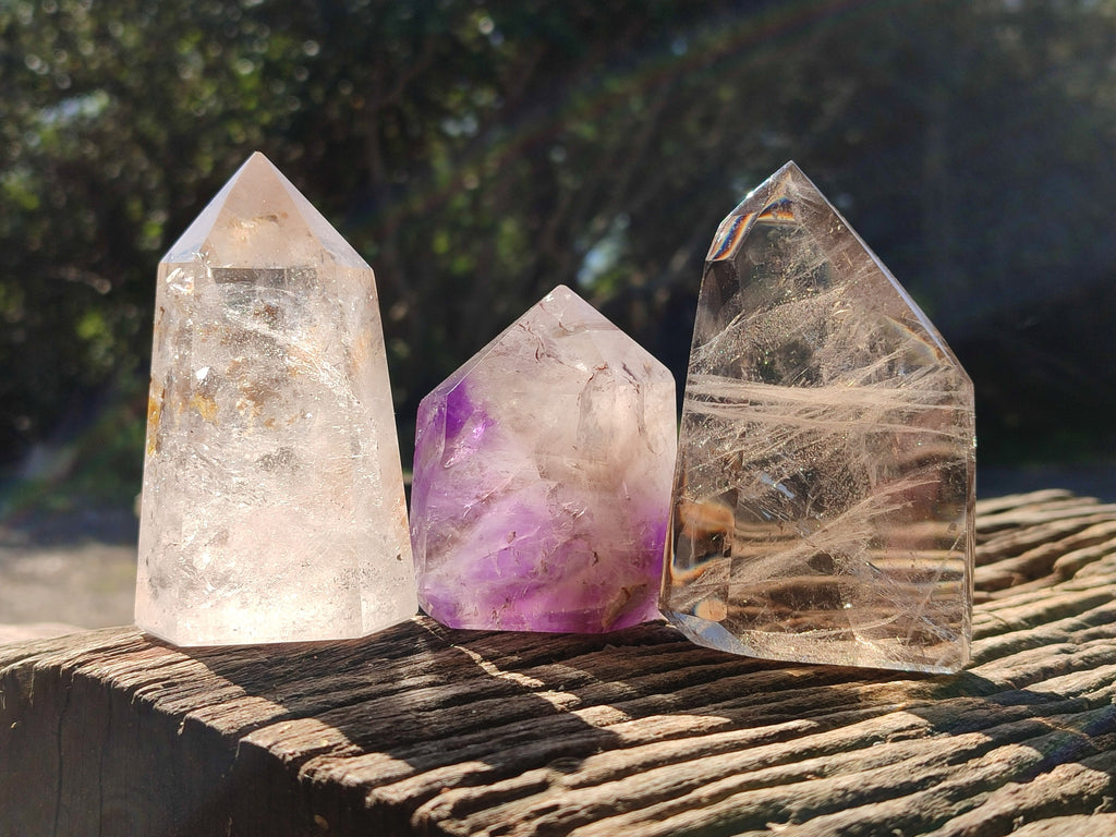 Polished Window Amethyst, Smokey Quartz and Specular Hematite Inclusion Crystals x 3 from Madagascar - Toprock Gemstones and Minerals 