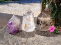Polished Window Amethyst, Smokey Quartz and Specular Hematite Inclusion Crystals x 3 from Madagascar - Toprock Gemstones and Minerals 