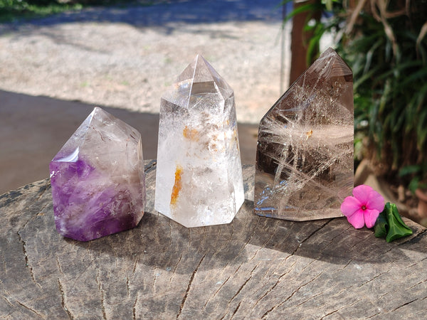 Polished Window Amethyst, Smokey Quartz and Specular Hematite Inclusion Crystals x 3 from Madagascar - Toprock Gemstones and Minerals 