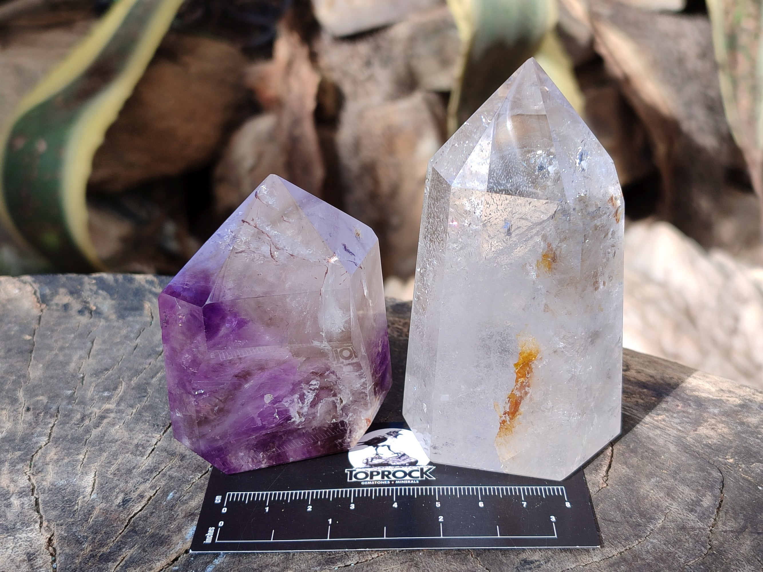 Polished Window Amethyst, Smokey Quartz and Specular Hematite Inclusion Crystals x 3 from Madagascar - Toprock Gemstones and Minerals 