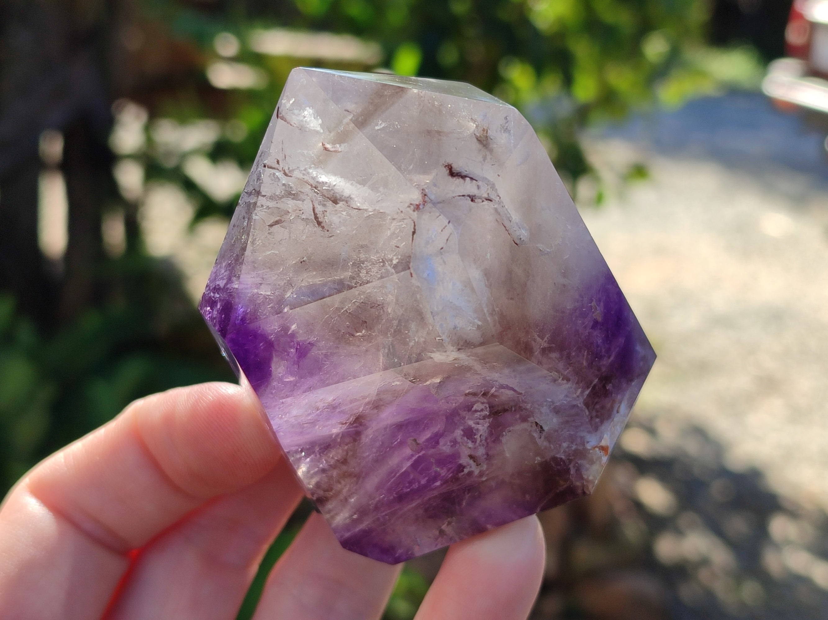 Polished Window Amethyst, Smokey Quartz and Specular Hematite Inclusion Crystals x 3 from Madagascar - Toprock Gemstones and Minerals 