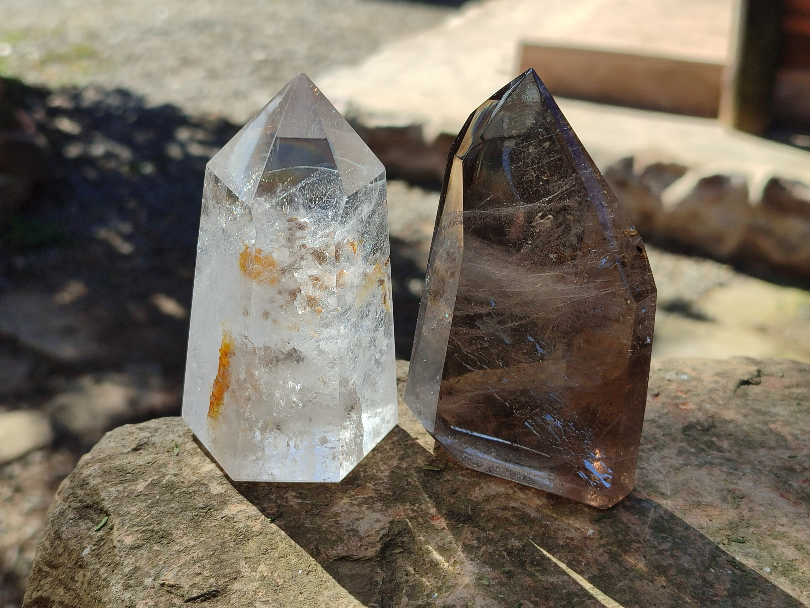 Polished Window Amethyst, Smokey Quartz and Specular Hematite Inclusion Crystals x 3 from Madagascar - Toprock Gemstones and Minerals 