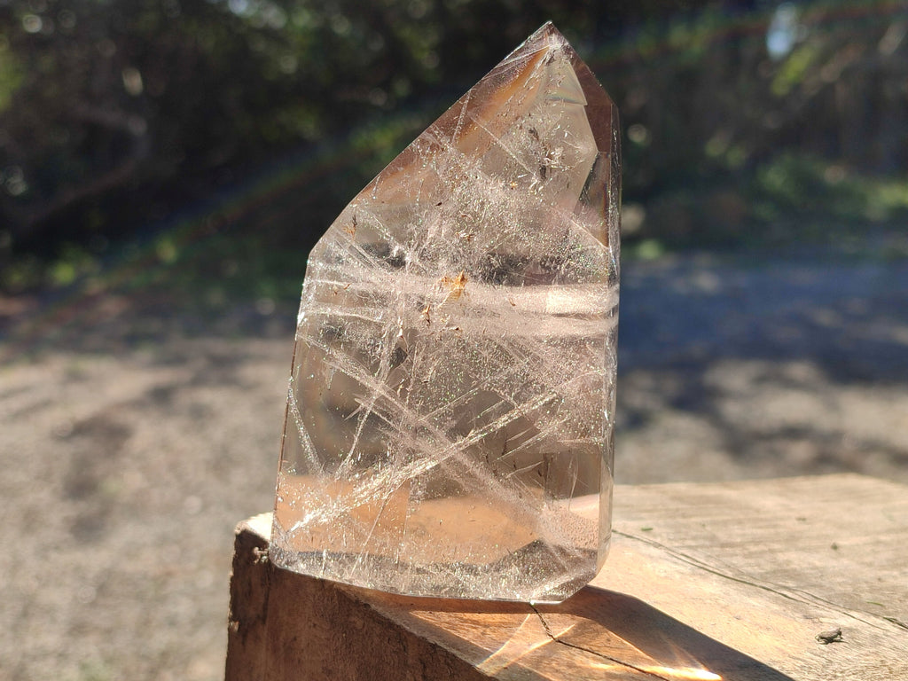 Polished Window Amethyst, Smokey Quartz and Specular Hematite Inclusion Crystals x 3 from Madagascar - Toprock Gemstones and Minerals 