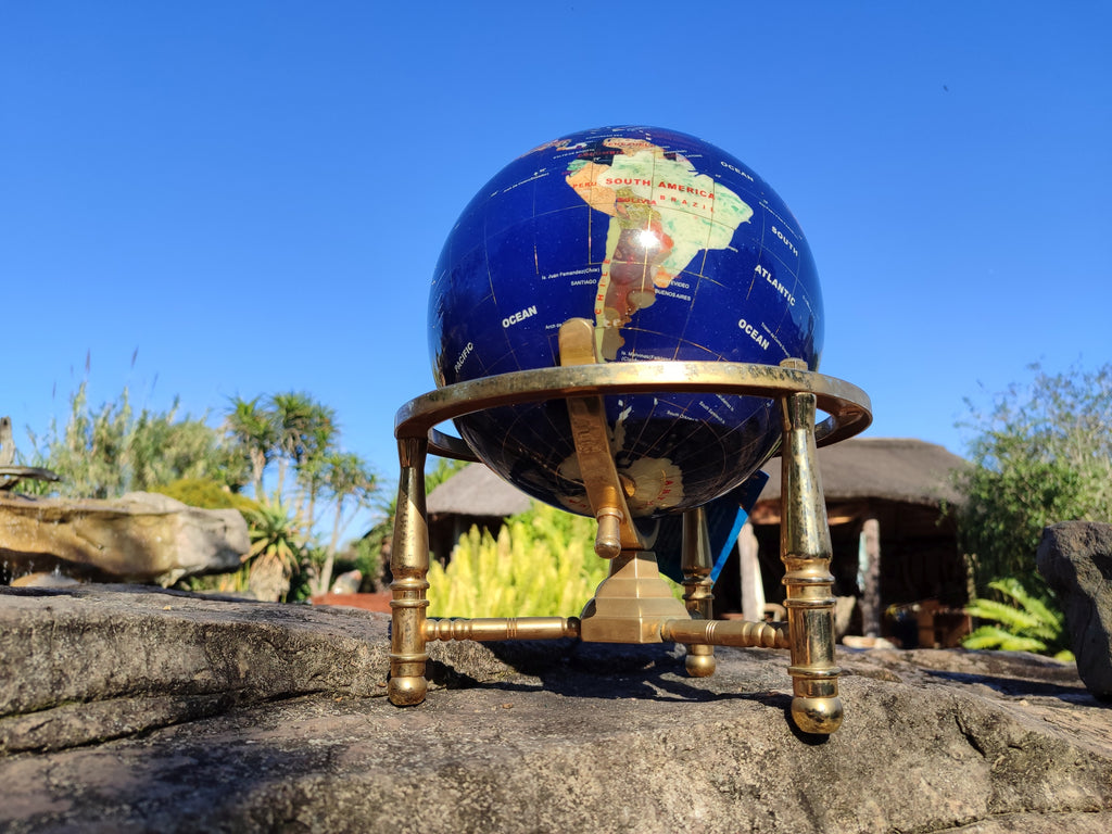 Hand Made Lapis Lazuli and Mixed Gemstone World Globe with Metal Stand x 1  From China - Toprock Gemstones and Minerals 