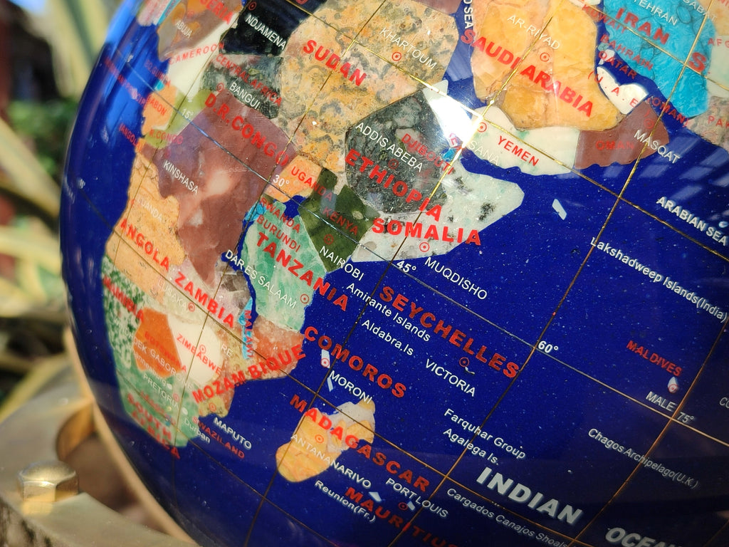 Hand Made Lapis Lazuli and Mixed Gemstone World Globe with Metal Stand x 1  From China - Toprock Gemstones and Minerals 