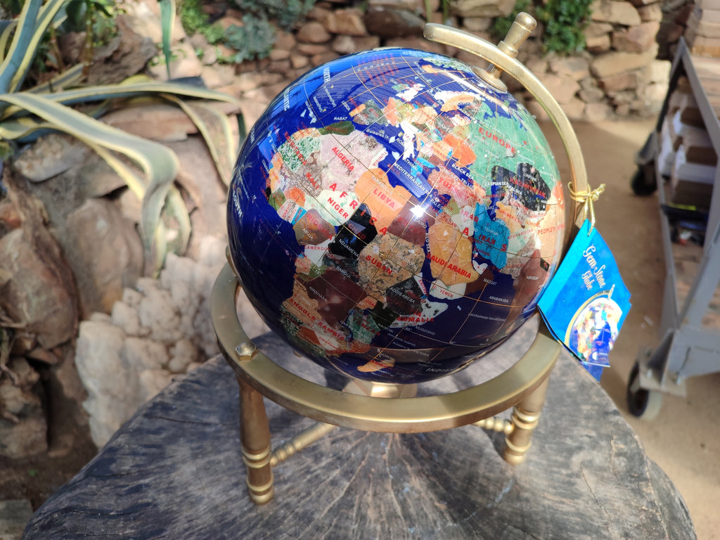 Hand Made Lapis Lazuli and Mixed Gemstone World Globe with Metal Stand x 1  From China - Toprock Gemstones and Minerals 