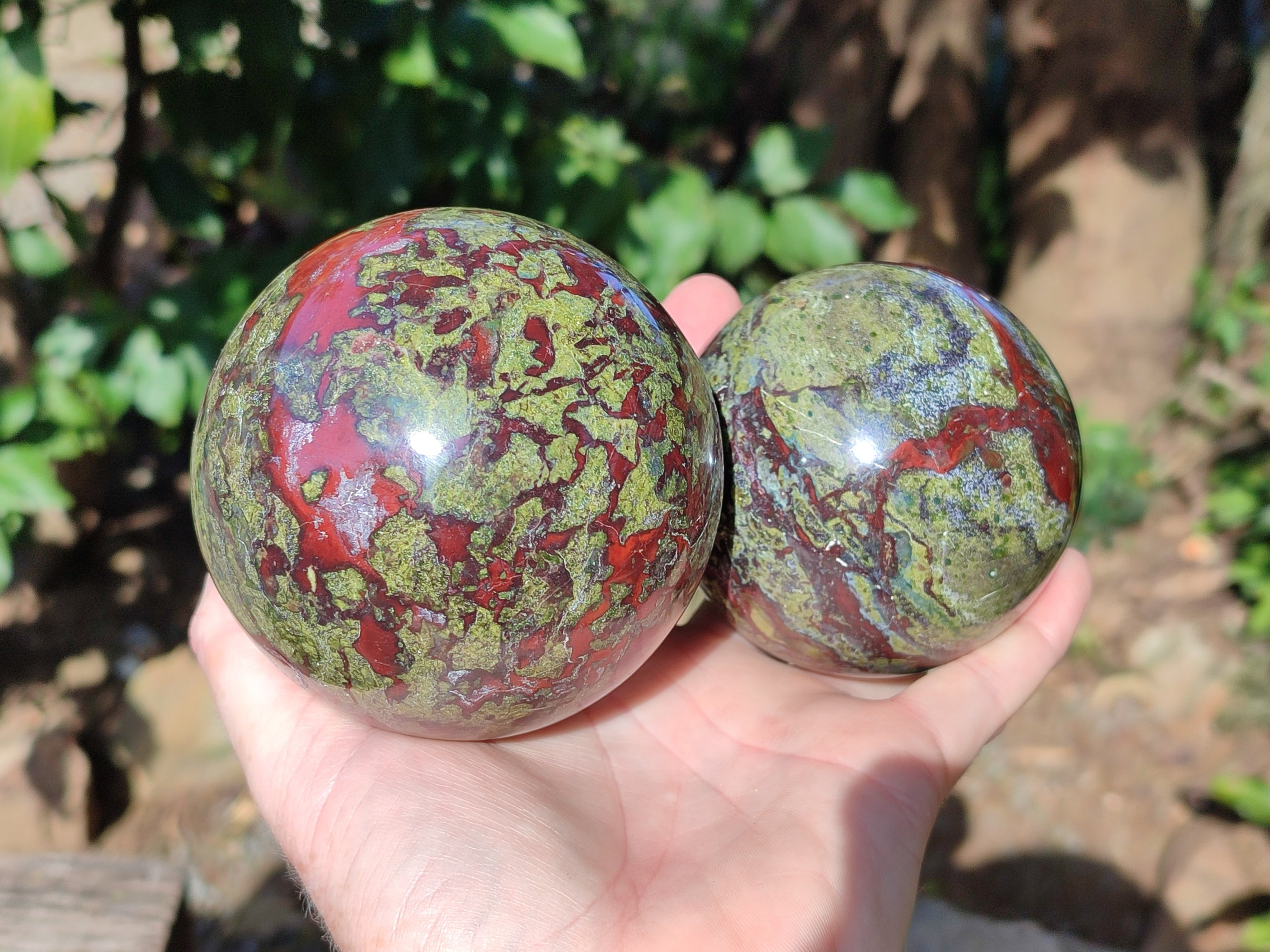 Polished Bastite Dragons Blood Stone Sphere-Ball x 2 From Tshipise, South Africa - Toprock Gemstones and Minerals 