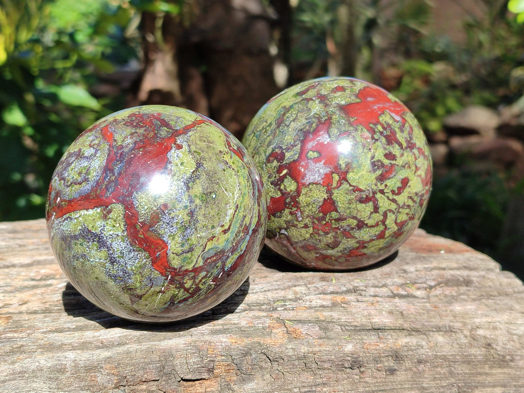 Polished Bastite Dragons Blood Stone Sphere-Ball x 2 From Tshipise, South Africa - Toprock Gemstones and Minerals 