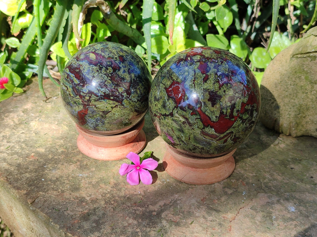 Polished Bastite Dragons Blood Stone Sphere-Ball x 2 From Tshipise, South Africa - Toprock Gemstones and Minerals 