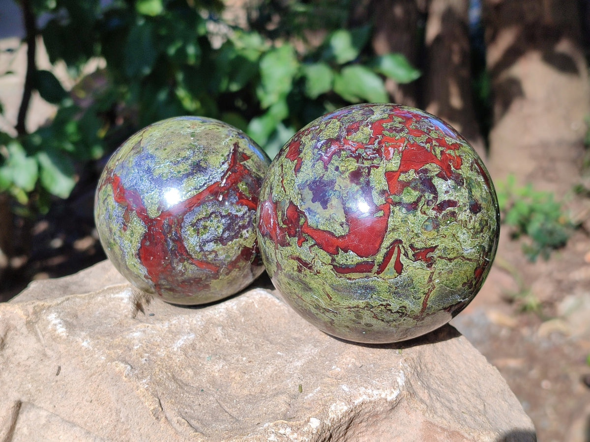 Polished Bastite Dragons Blood Stone Sphere-Ball x 2 From Tshipise, South Africa - Toprock Gemstones and Minerals 