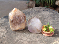 Polished Window Amethyst and Smokey Quartz with Rainbow Veils x 2 from Madagascar