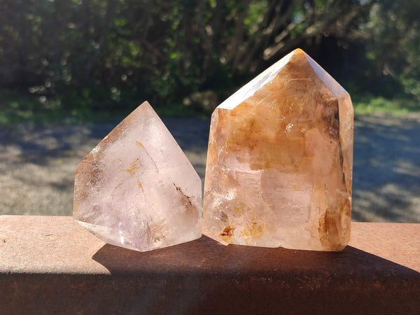 Polished Window Amethyst and Smokey Quartz with Rainbow Veils x 2 from Madagascar