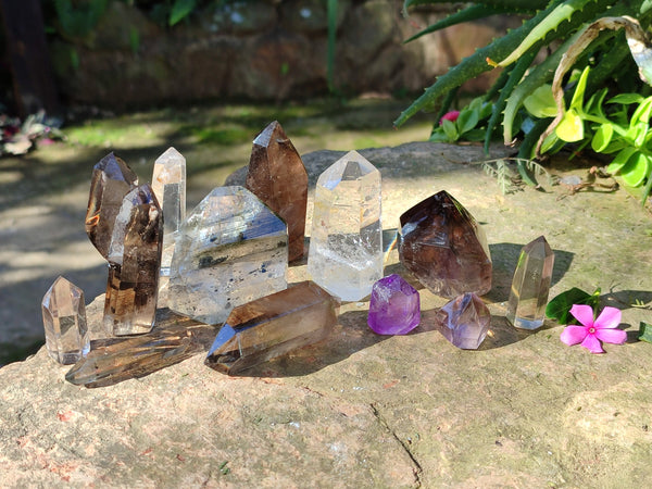 Polished Mixed Inclusion Quartz Crystals Including Citrine x 12 from Madagascar