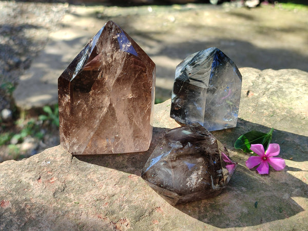 Polished Smokey Window Quartz with Rainbow Veils x 3 from Madagascar