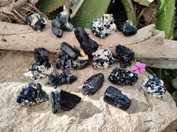 Natural Schorl Black Tourmaline on Orthoclase Specimens with some Hyalite Opal x 20 From Erongo, Namibia