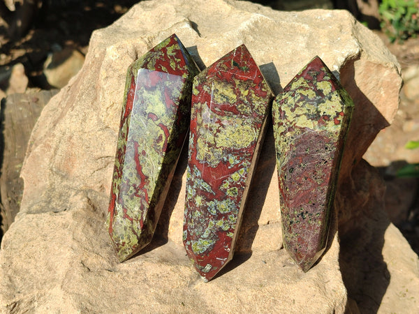 Polished Bastite Dragons Blood Stone Double Terminated Points x 3 From Tshipise, South Africa