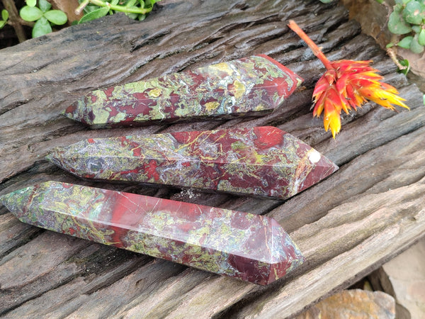 Polished Bastite Dragons Blood Stone Double Terminated Points x 3 From Tshipise, South Africa