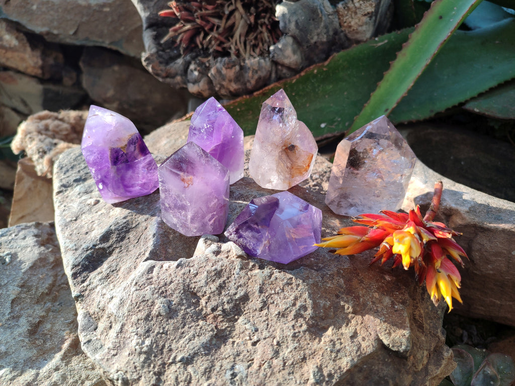 Polished Window Amethyst Quartz Points x 6 From Akansobe, Madagascar - Toprock Gemstones and Minerals 