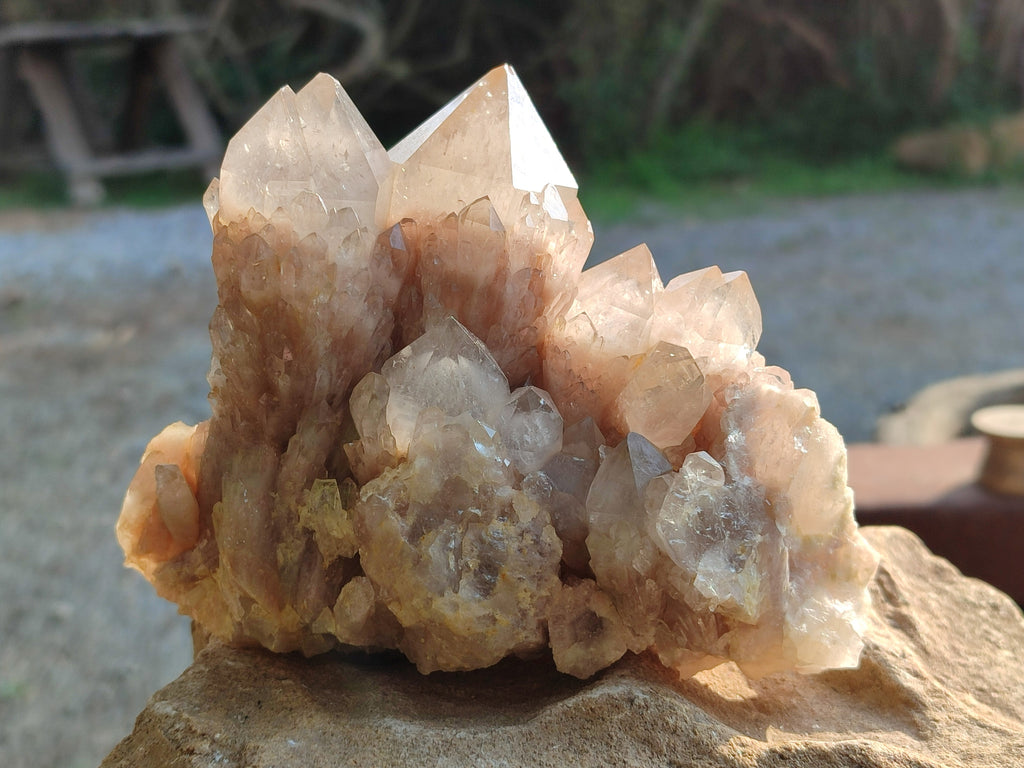 Natural Smokey Phantom Quartz Clusters x 3 From Luena, Congo - Toprock Gemstones and Minerals 