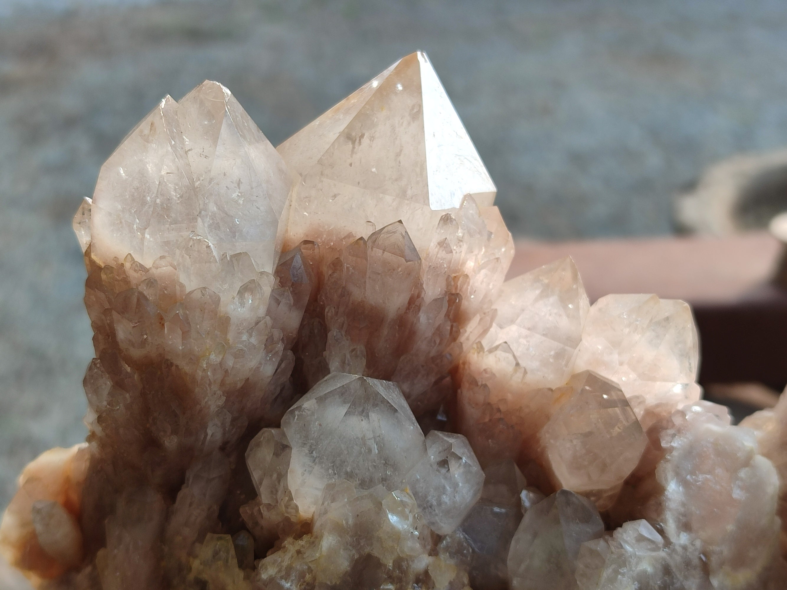 Natural Smokey Phantom Quartz Clusters x 3 From Luena, Congo - Toprock Gemstones and Minerals 