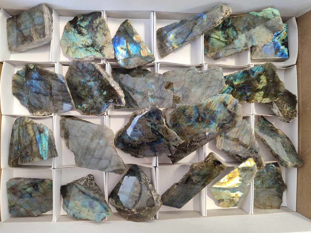 Polished On One Side Small Labradorite Plates x 24 From Tulear, Madagascar - Toprock Gemstones and Minerals 