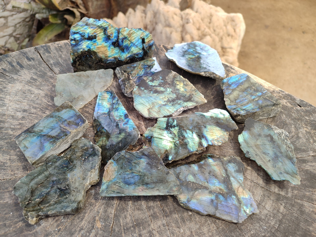 Polished On One Side Small Labradorite Plates x 24 From Tulear, Madagascar - Toprock Gemstones and Minerals 