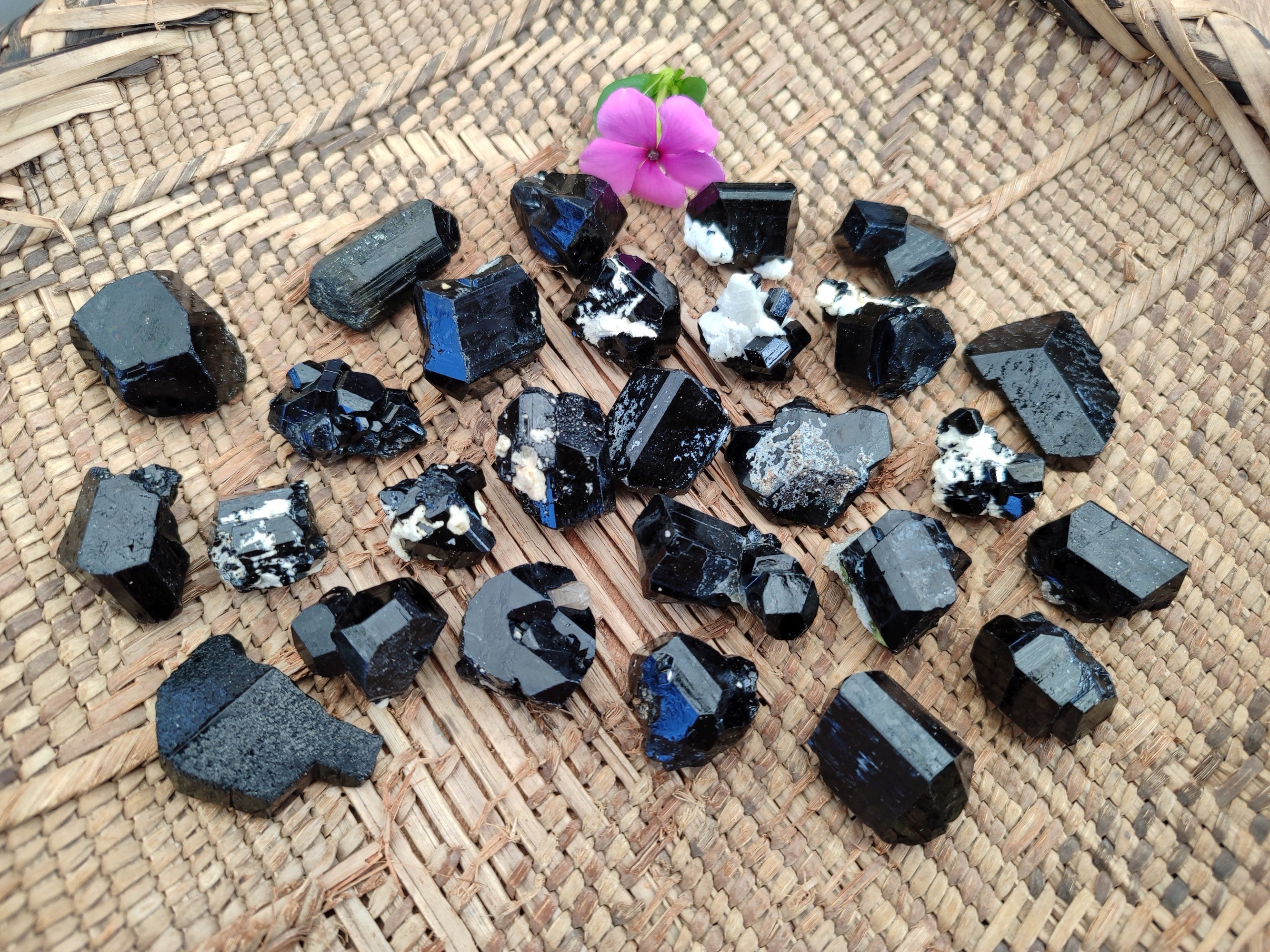 Natural Schorl Black Tourmaline Terminated Crystal Specimens with some Hyalite Opal x 70 From Erongo, Namibia - Toprock Gemstones and Minerals 