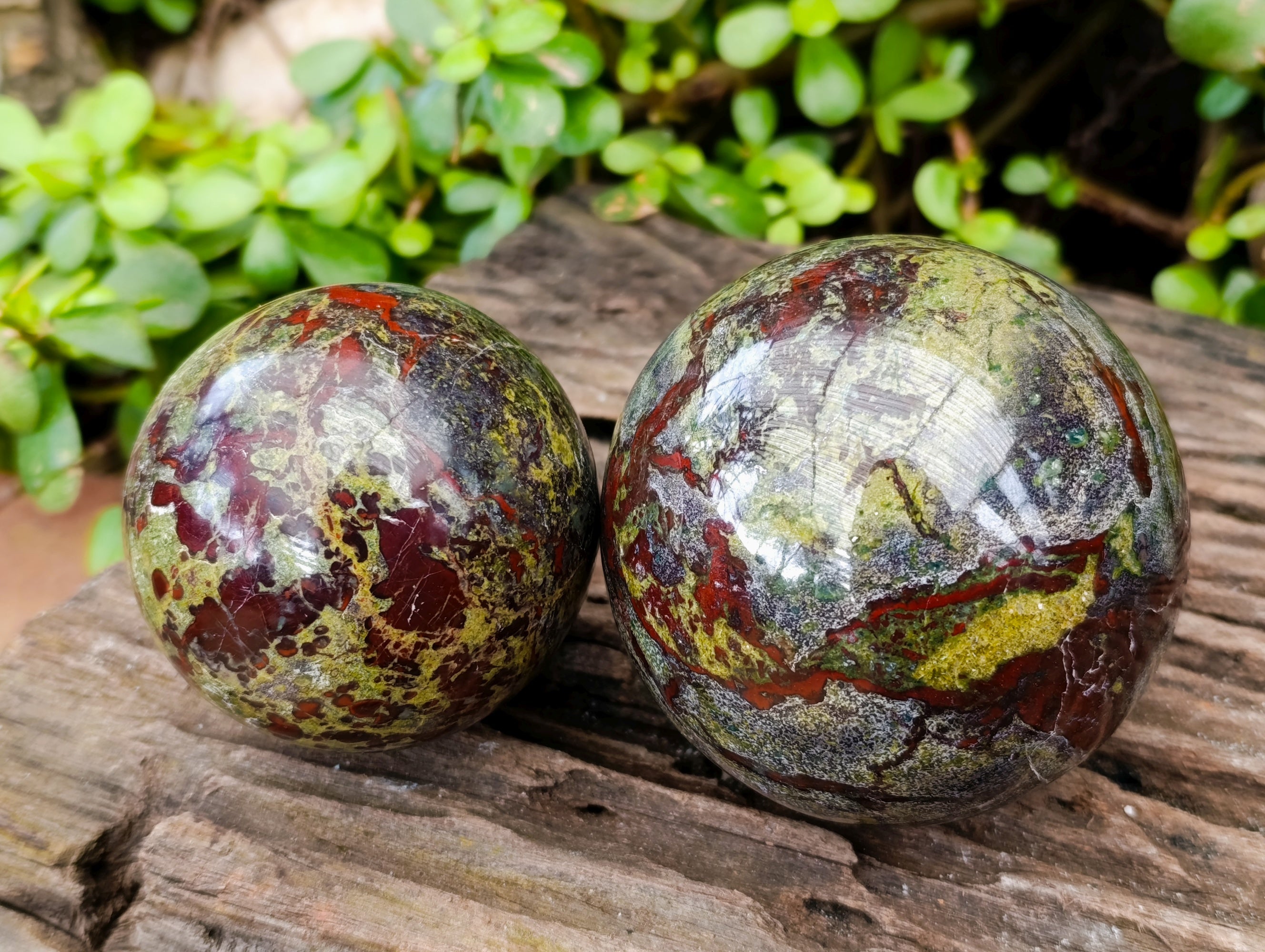 Polished Bastite Dragons Blood Stone Spheres x 2 From Tshipise, South Africa - Toprock Gemstones and Minerals 
