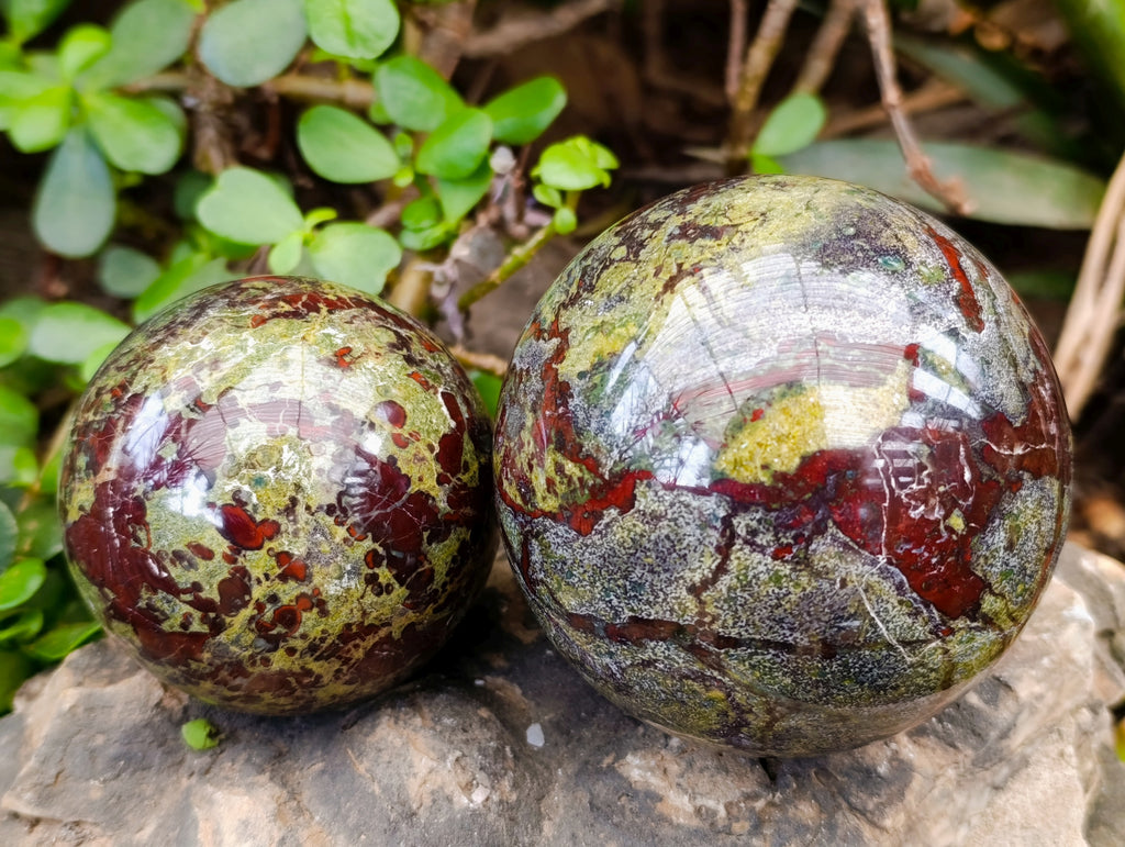 Polished Bastite Dragons Blood Stone Spheres x 2 From Tshipise, South Africa - Toprock Gemstones and Minerals 
