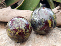 Polished Bastite Dragons Blood Stone Spheres x 2 From Tshipise, South Africa