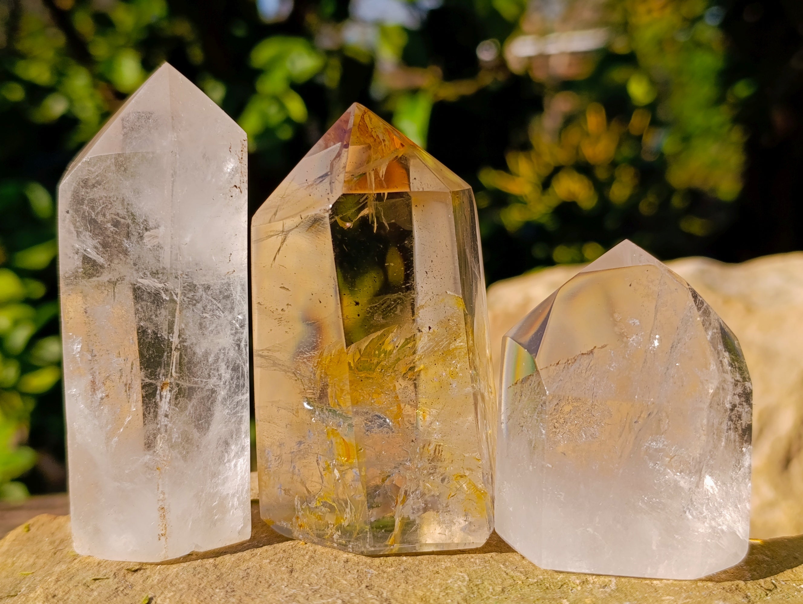 Polished Mix of Clear and Smokey Quartz Crystals with Specular Hematite Inclusion x 6 From Ambatondrazaka, Madagascar - Toprock Gemstones and Minerals 