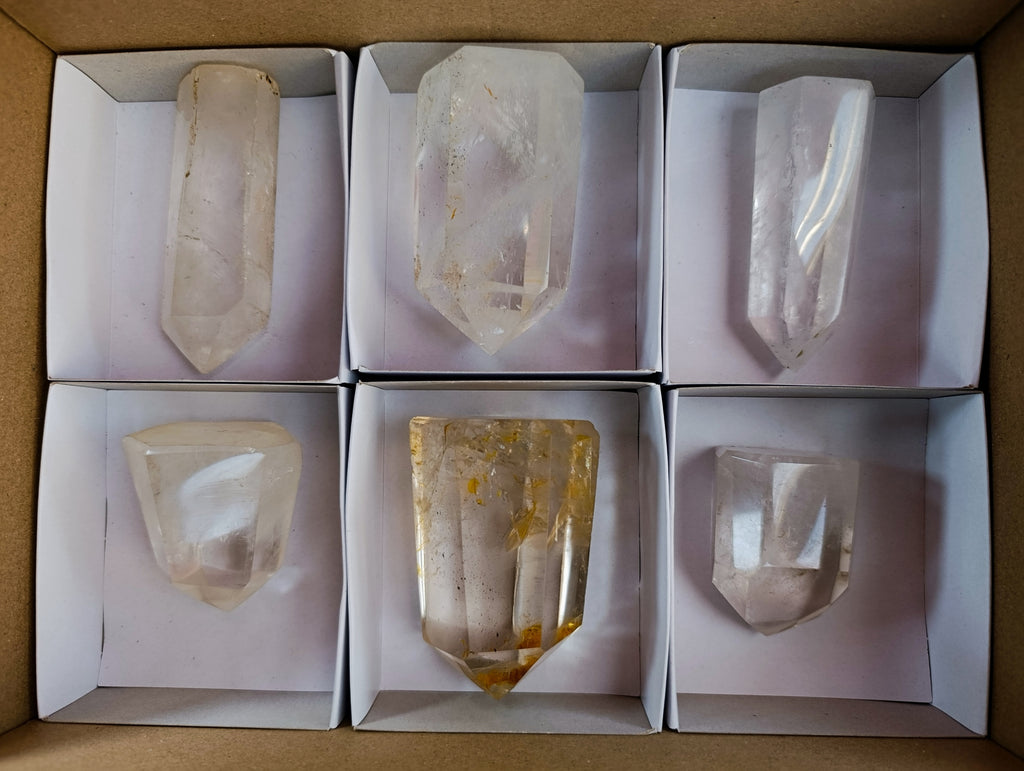 Polished Mix of Clear and Smokey Quartz Crystals with Specular Hematite Inclusion x 6 From Ambatondrazaka, Madagascar - Toprock Gemstones and Minerals 