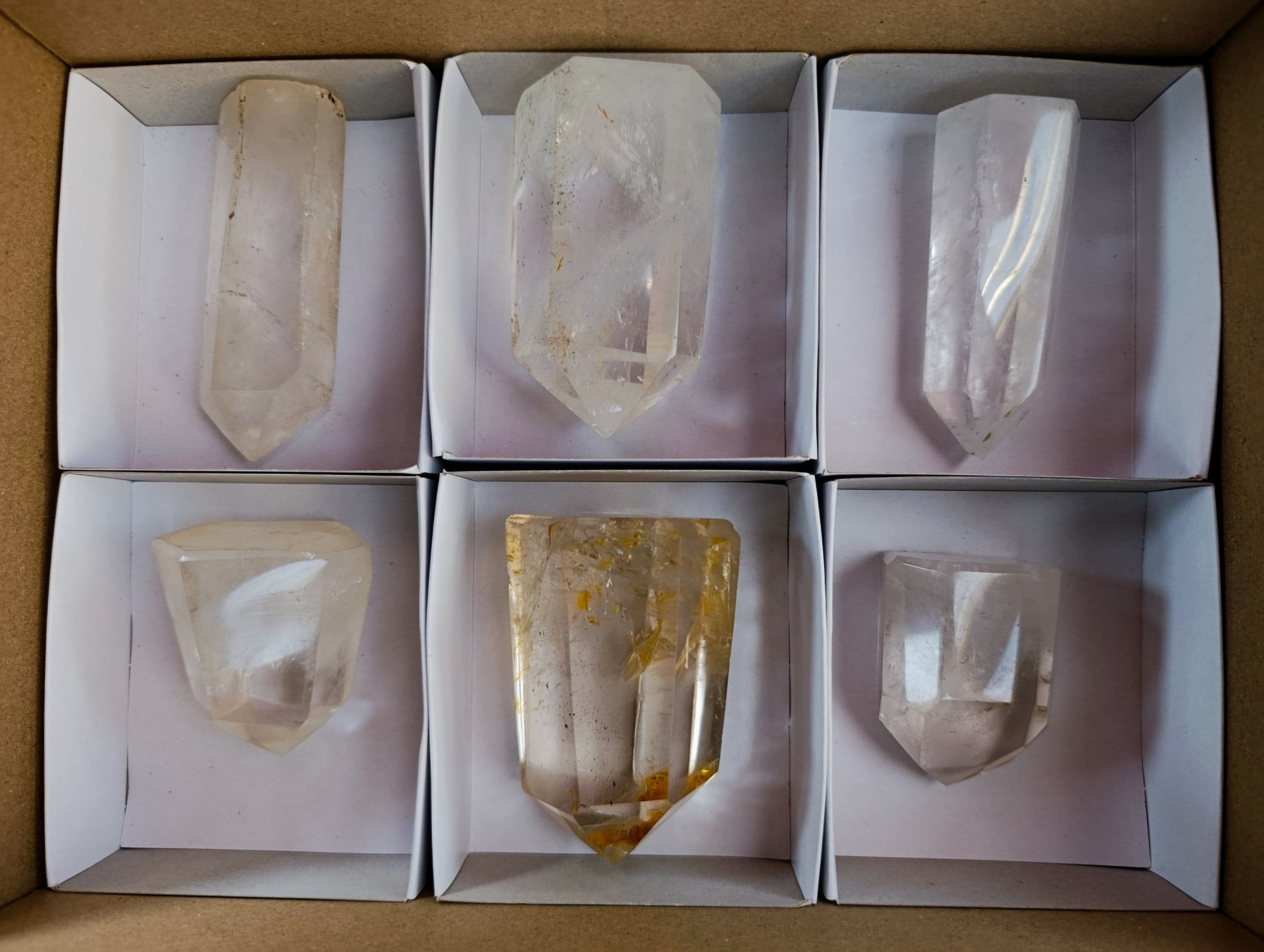 Polished Mix of Clear and Smokey Quartz Crystals with Specular Hematite Inclusion x 6 From Ambatondrazaka, Madagascar - Toprock Gemstones and Minerals 