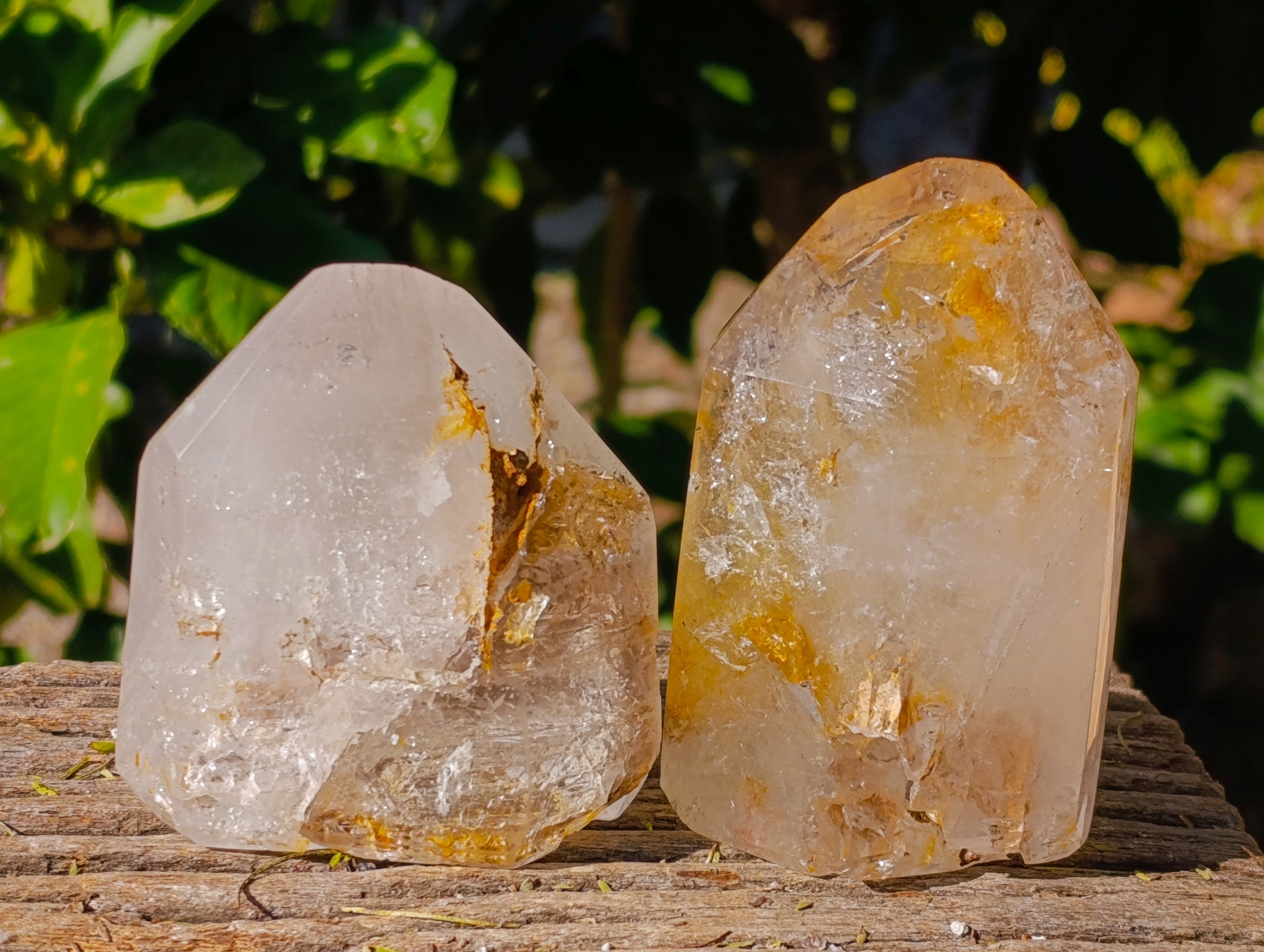 Polished Mix of Clear and Smokey Quartz Crystals with Golden Rutile Inclusion x 4 From Ambatondrazaka, Madagascar - Toprock Gemstones and Minerals 
