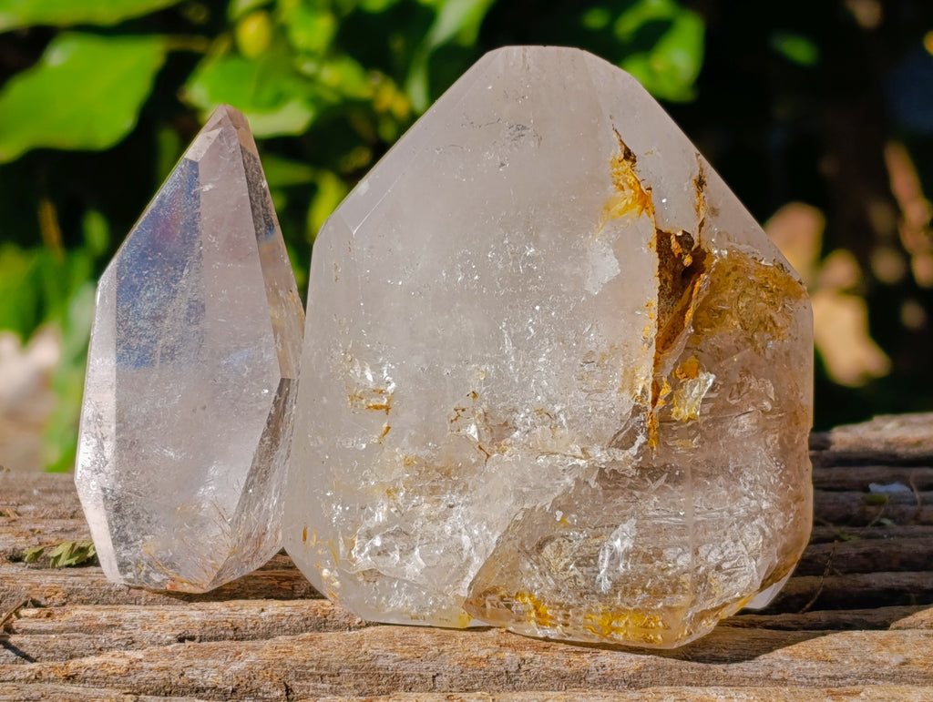 Polished Mix of Clear and Smokey Quartz Crystals with Golden Rutile Inclusion x 4 From Ambatondrazaka, Madagascar - Toprock Gemstones and Minerals 